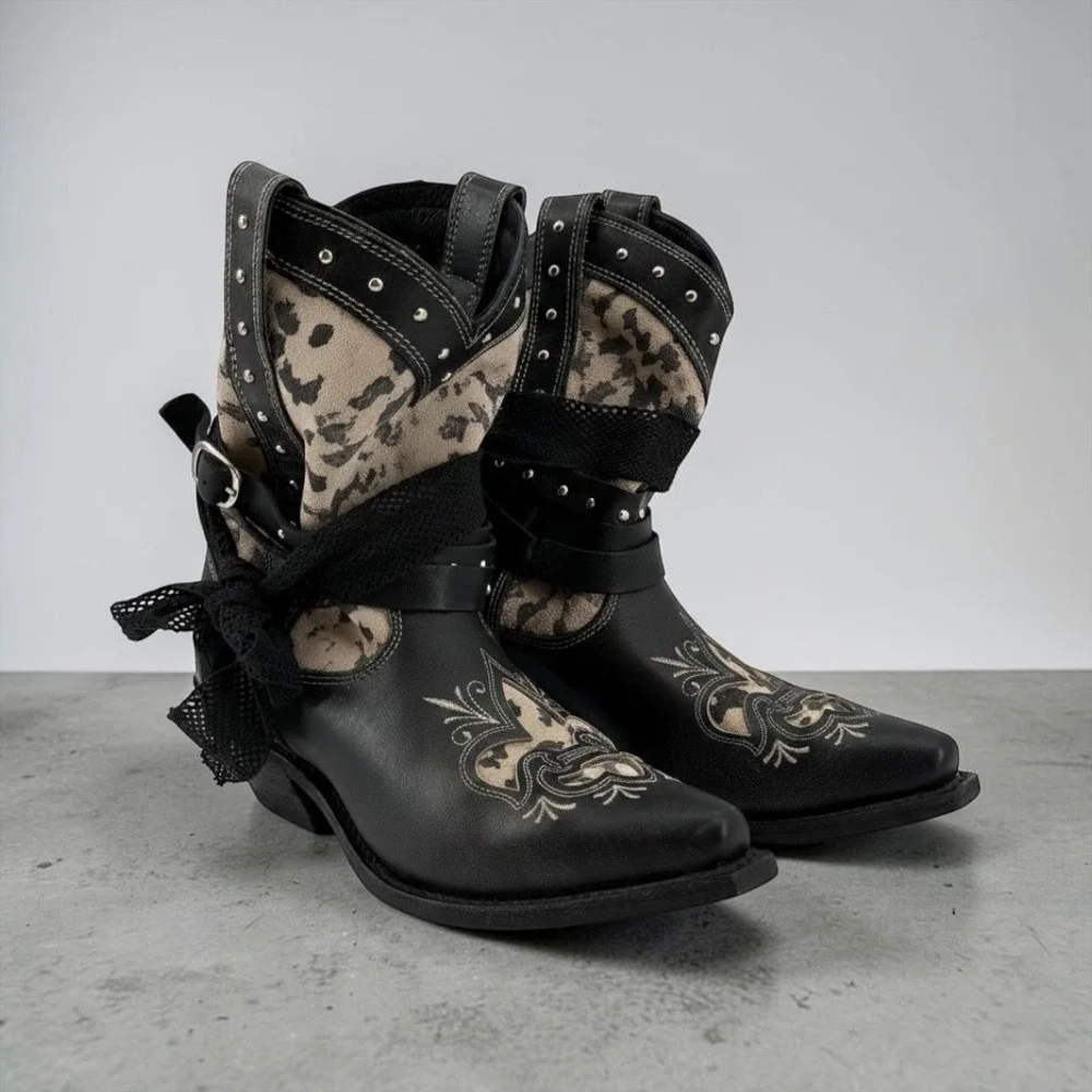 Rockin Country RC5006 Black Leather Studded Bow Western Boots 7.5M Rodeo Cowgirl